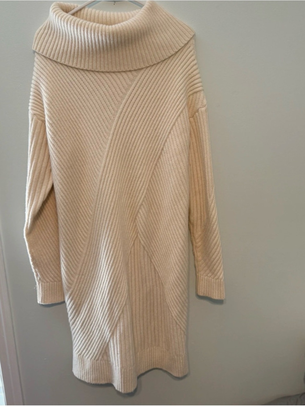 Ann Taylor Cream Ribbed Cowl Neck Sweater Dress